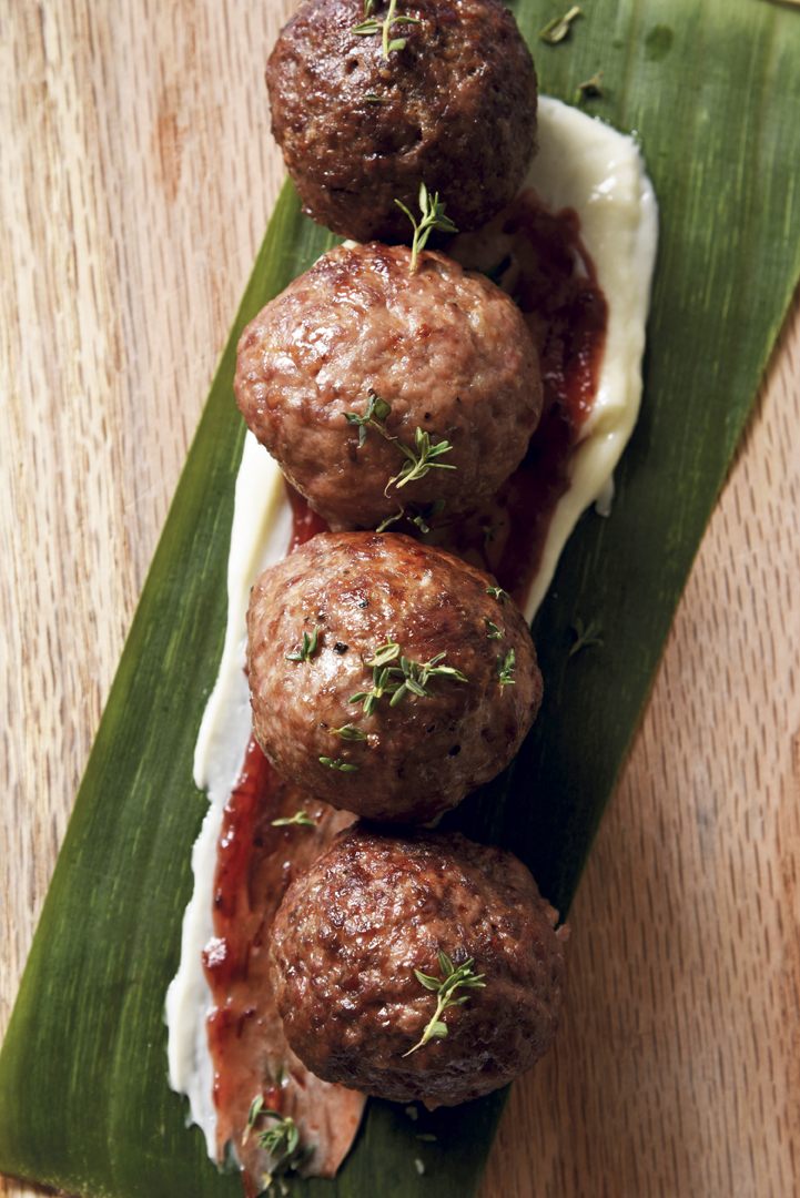A flight of meatballs from Game that include elk, boar, kagaroo and alpaca