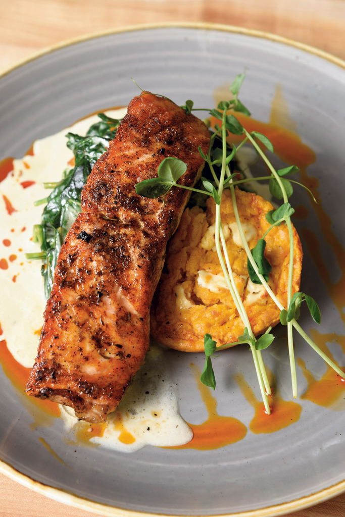 Atlantic salmon with sweet potato spoon bread and creamed spinach