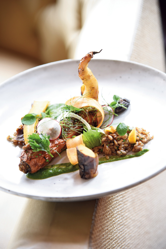 Bourbon barrel ash-roasted carrot with green garlic, walnut pesto and spring vegetable salad