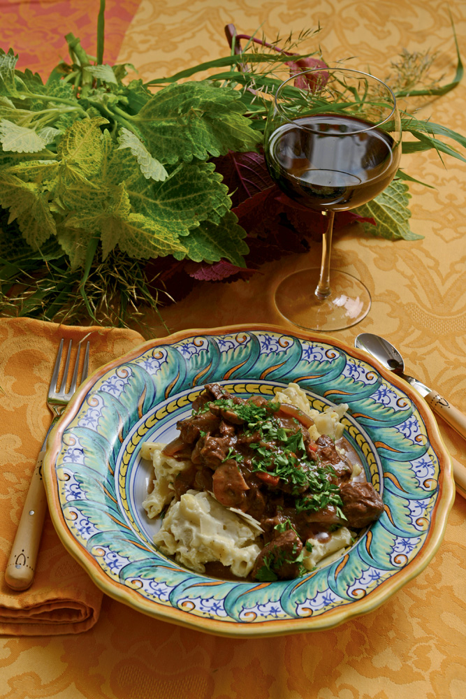 Beef bourguignonne with capanelle pasta