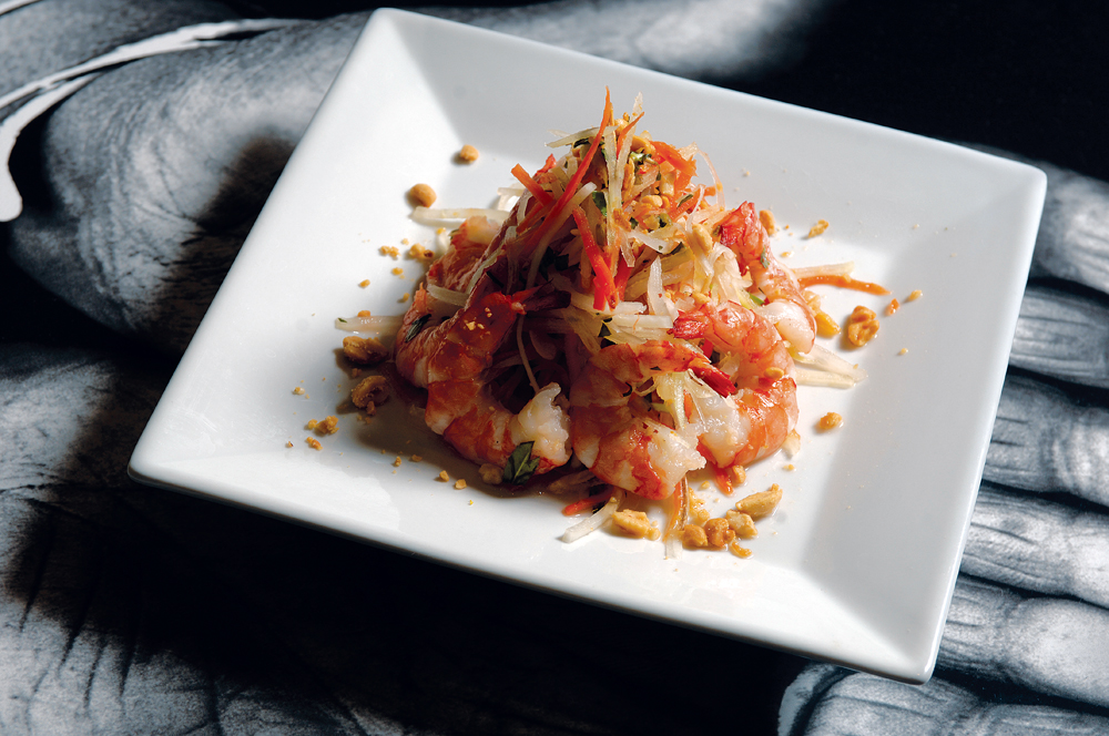 Basa's green papaya salad with tiger prawns and a chili vinaigrette