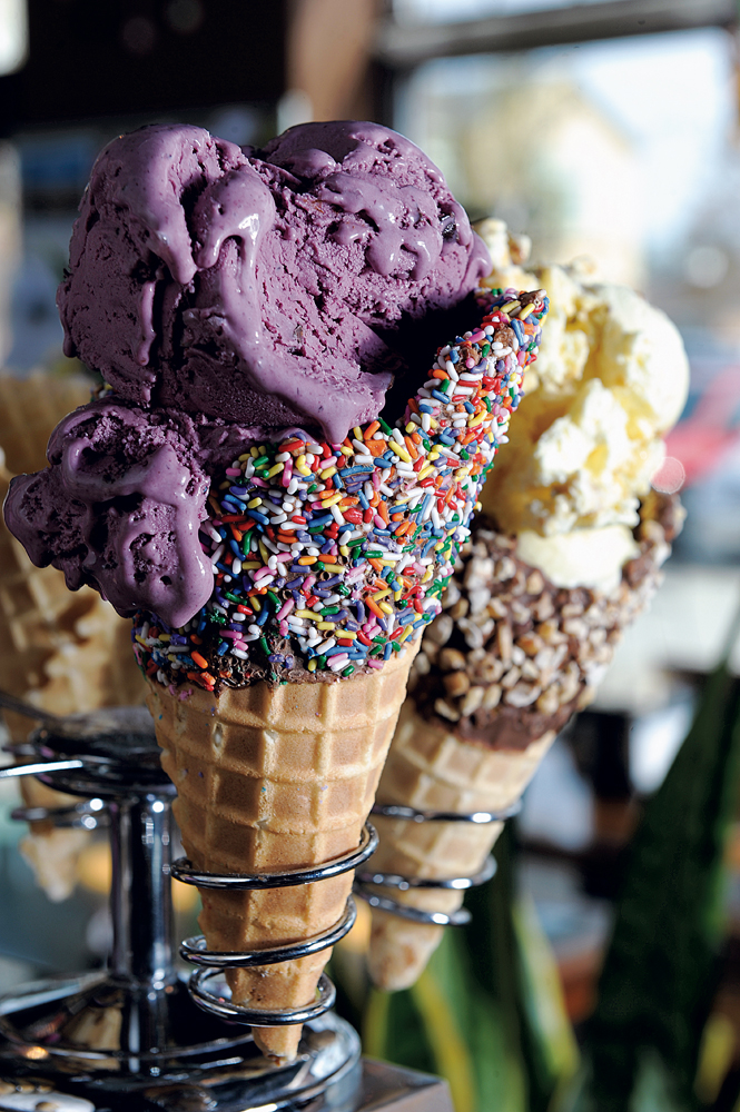 The Comfy Cows black raspberry chip waffle cone