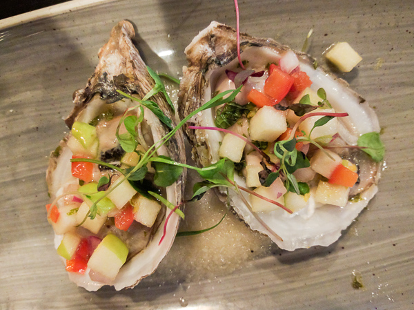 Raw oysters with lemon-mint mignonette, apple pepper crudite by Chef Kristina Dyer