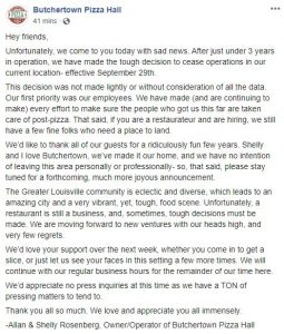Butchertown Pizza Hall to “cease operations in our current location” on September 29