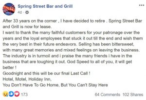 Spring Street Bar and Grill calls it a day after 33 years in business