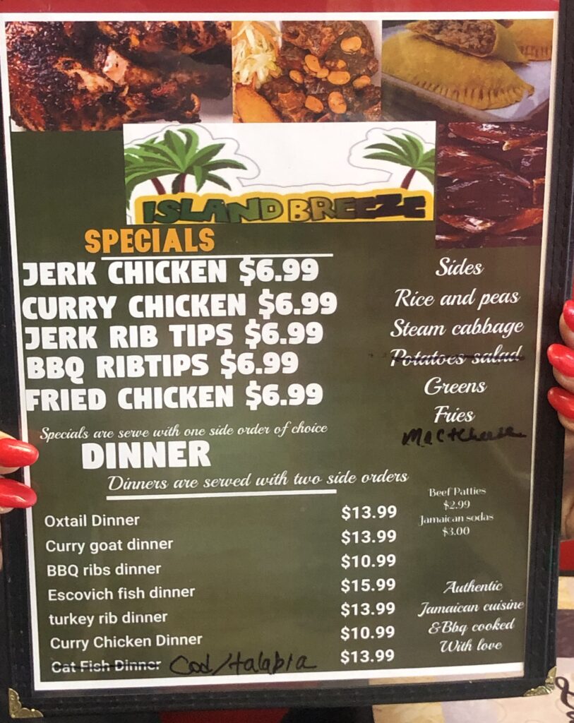 MENU, Island Breeze, Jamaican & Carribean restaurant